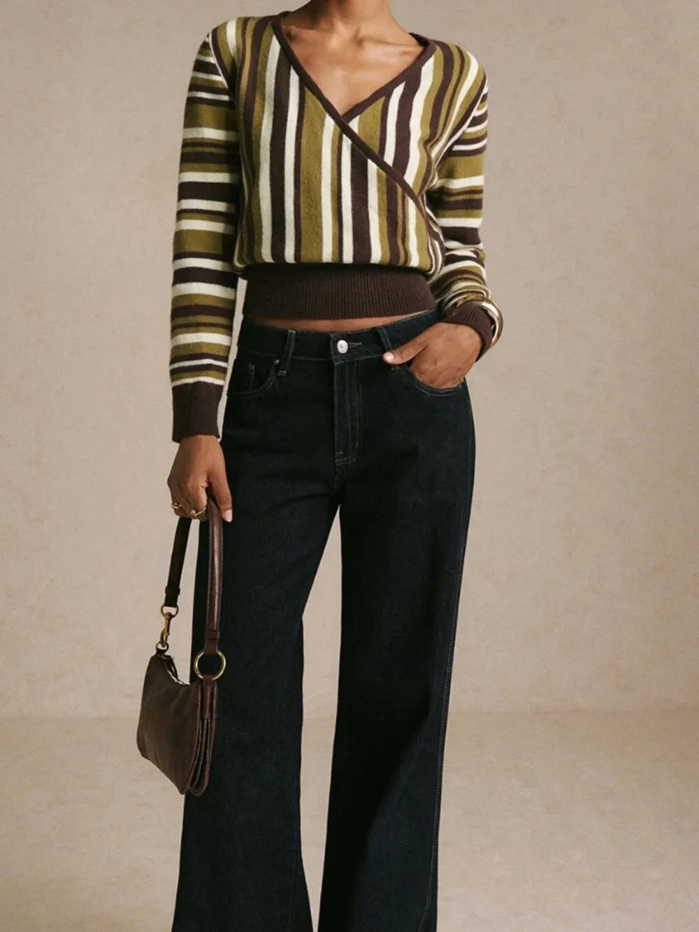 Multicolor Casual Women's Elegant Striped Color-Block Wrap Sweater